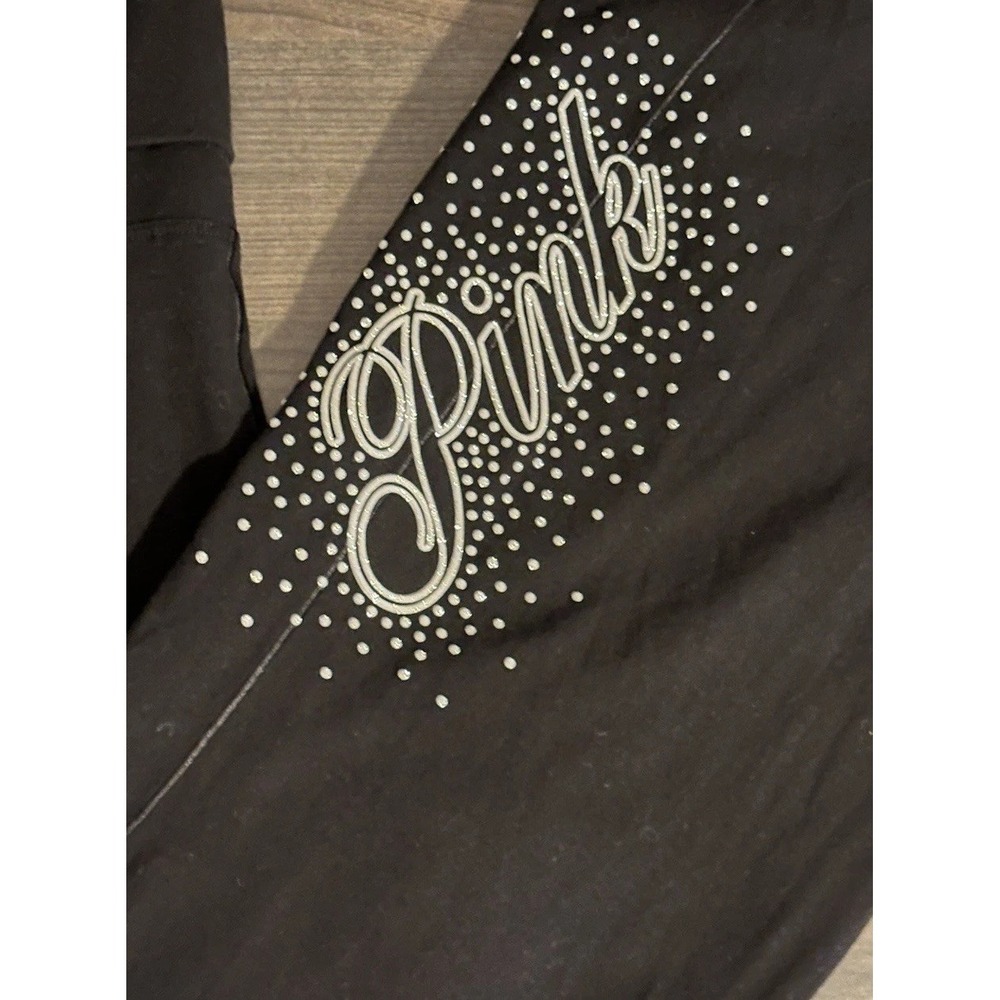 VTG Victoria's Secret PINK Spellout Fold Over Bootcut Legging‎ XL Black Glitter - Picture 2 of 5